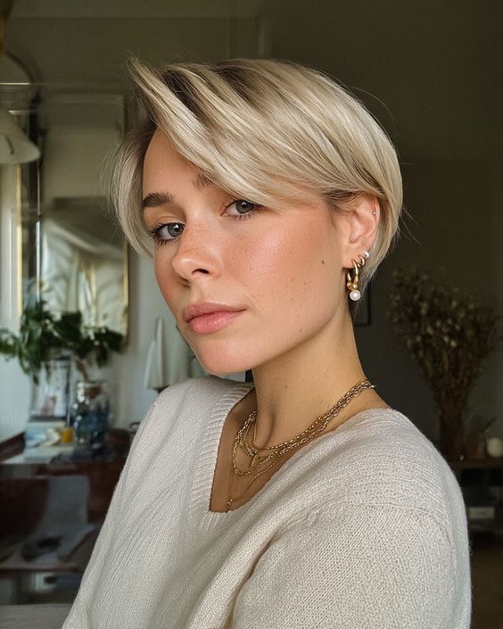 Chic Blonde Asymmetrical Bob with Side-Swept Bangs