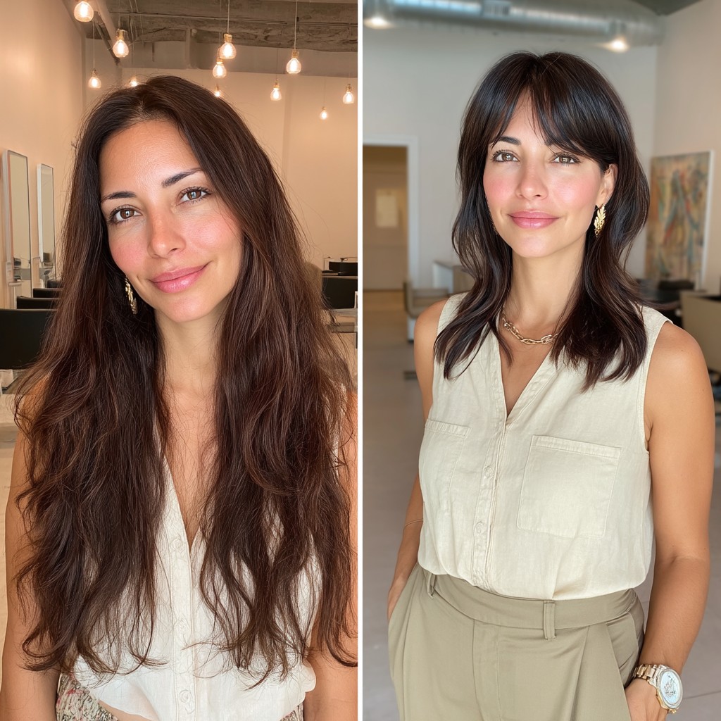 chic long layers with soft face framing bangs