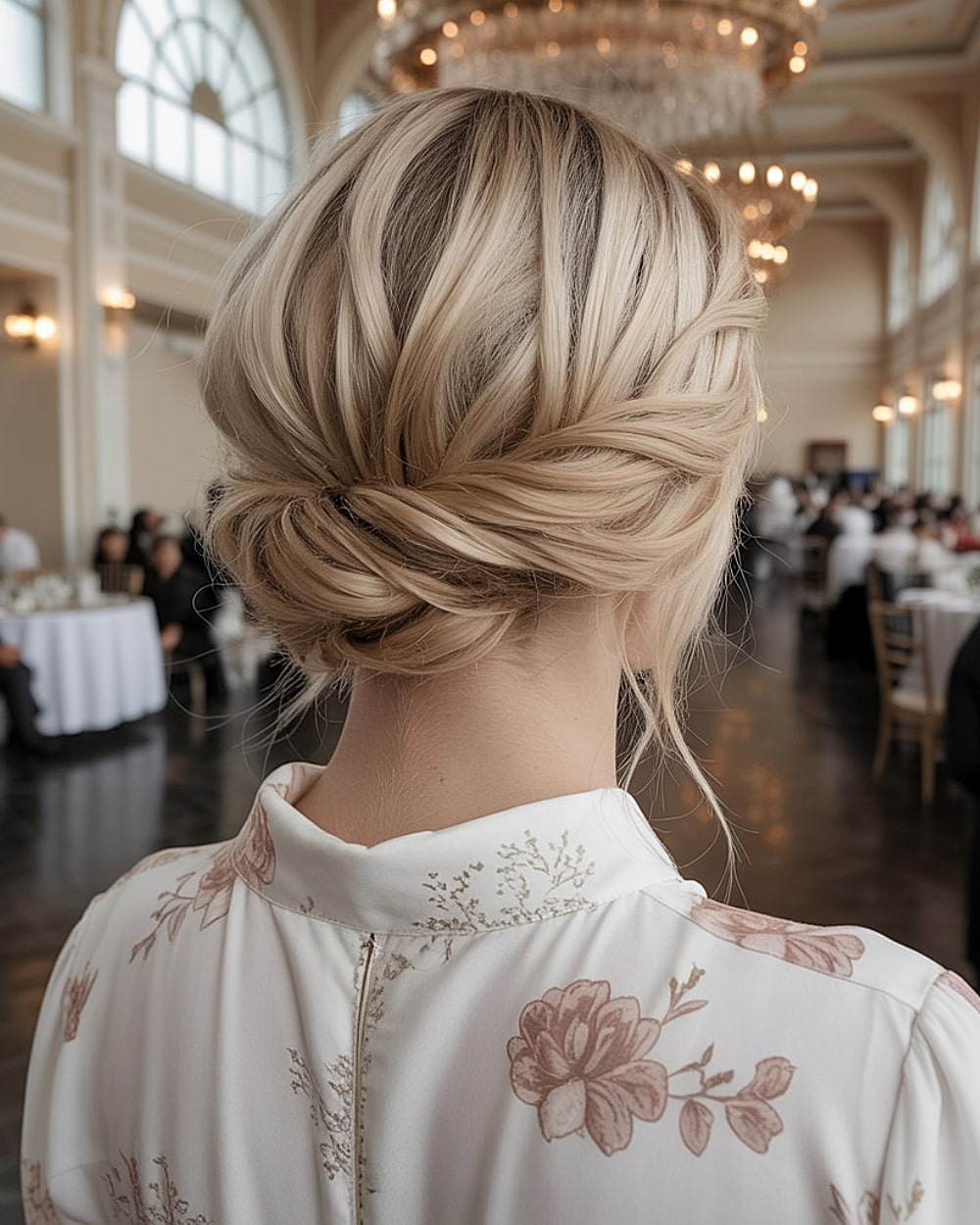 Soft low tuck and roll updo on light blonde hair with gentle texture, perfect easy updo for weddings