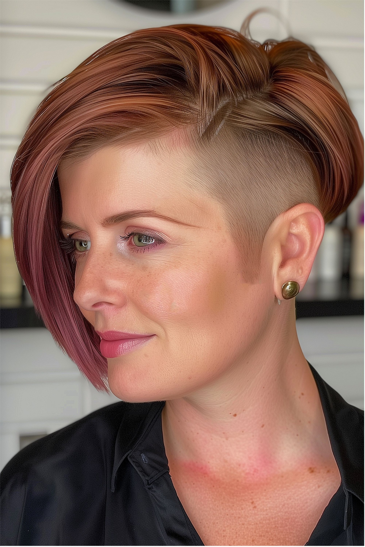 Edgy chin-length asymmetrical bob with a shaved side and copper tones, perfect for thick hair