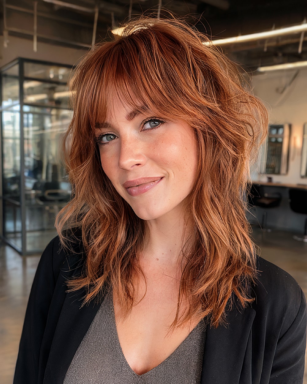 Edgy textured shag haircut with tousled waves and curtain bangs for medium-length layered red hair