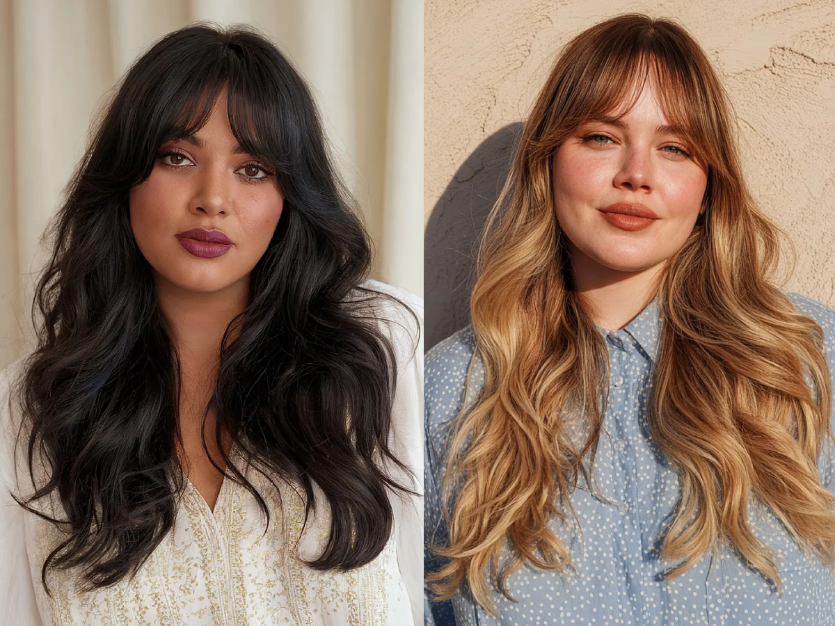 Flattering long hair with curtain bangs for round faces hairstyle ideas