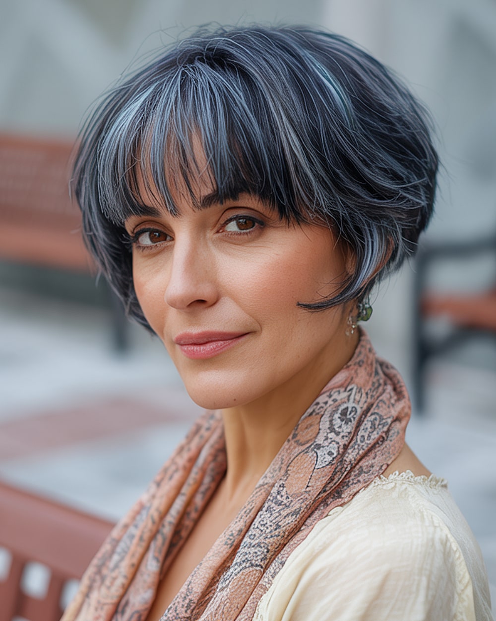 Pixie bob with fringe for older women, layered in charcoal tones with feathered bangs and side flips