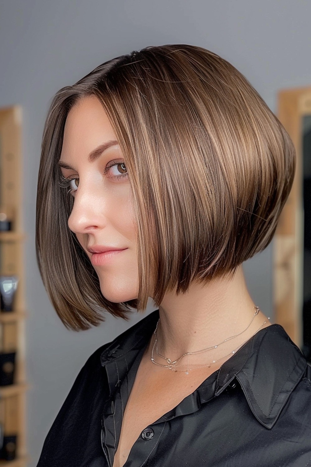 Angled chin-length bob with subtle layers and rich brown color, ideal for medium to thick hair