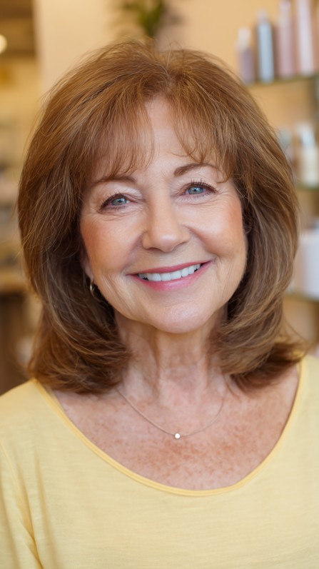 light brown face framing layered cut feathered curtain bangs