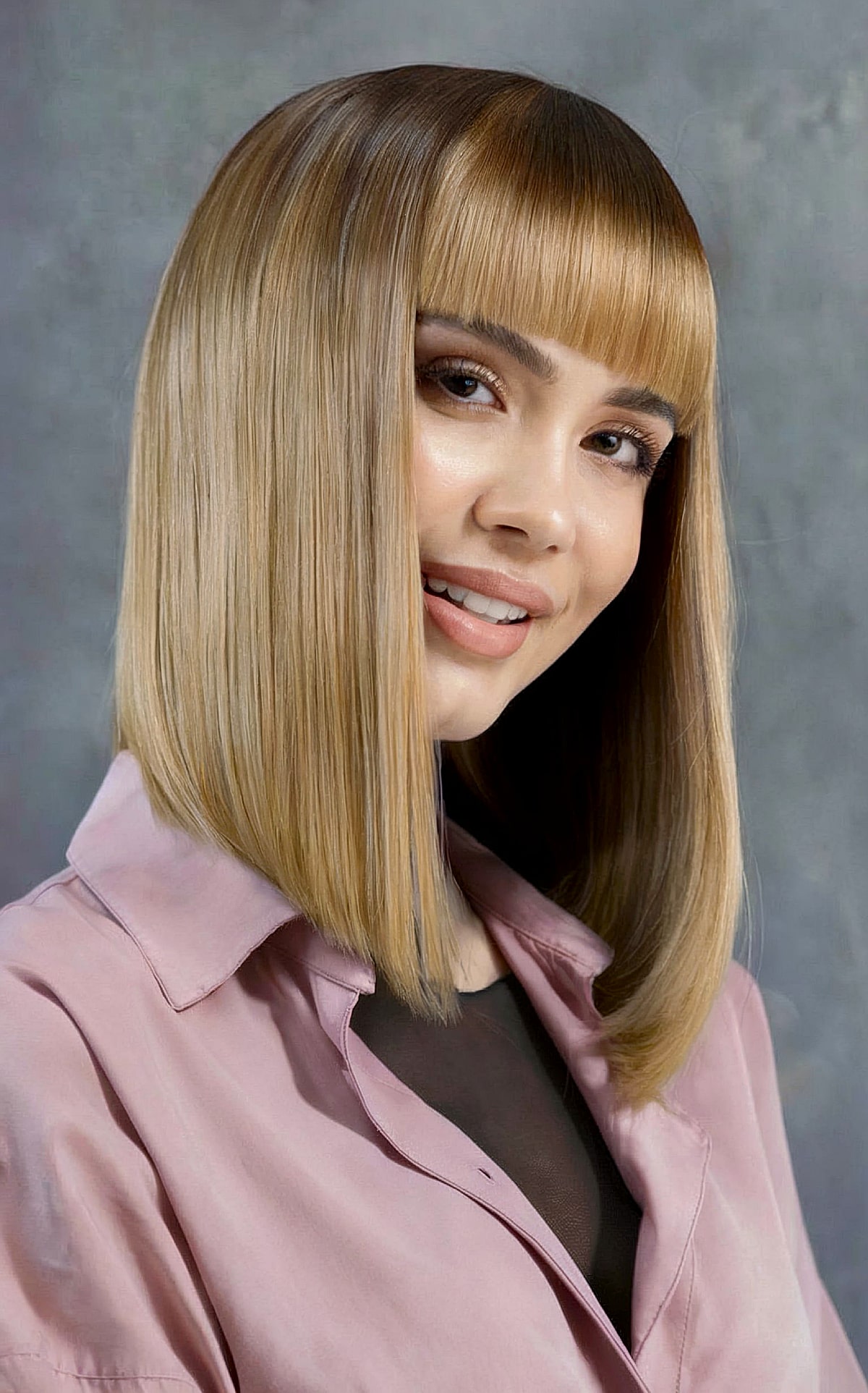 noticeable long angled bob with bangs