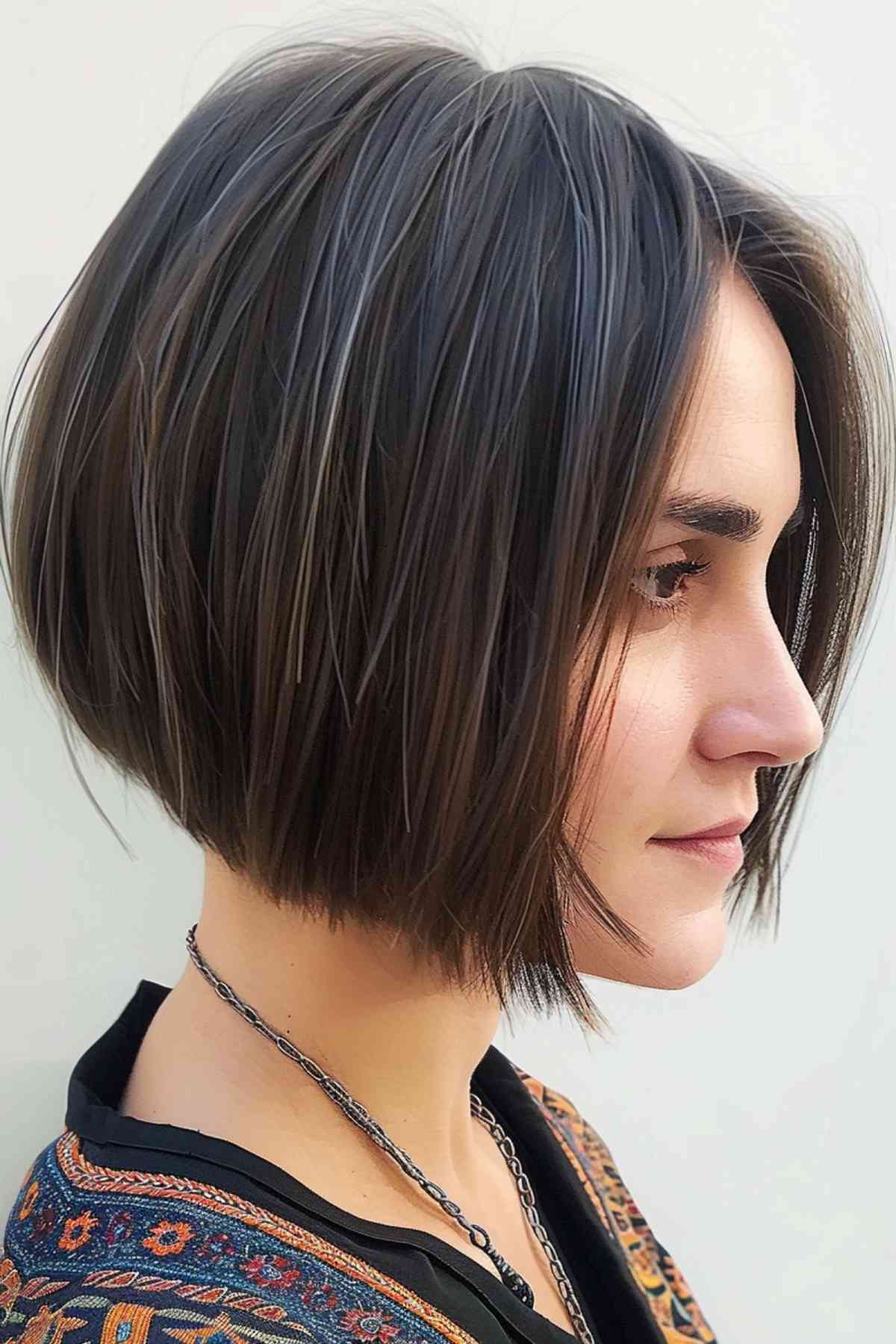 Woman with a sharp chin-length bob and natural highlights