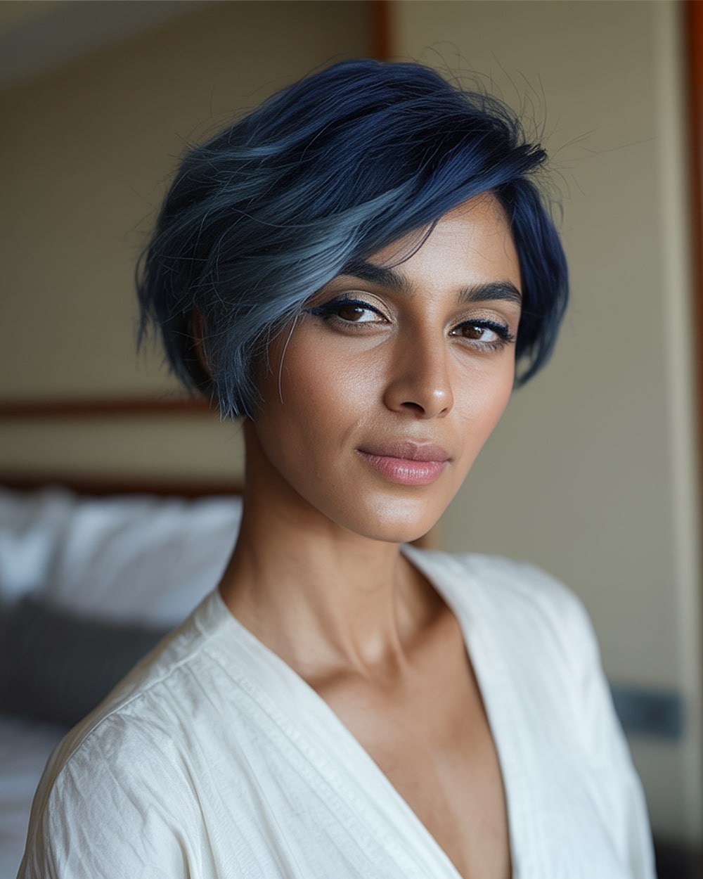 Sapphire blue pixie bob for older women with curved layers and a sweeping side fringe for edgy elegance