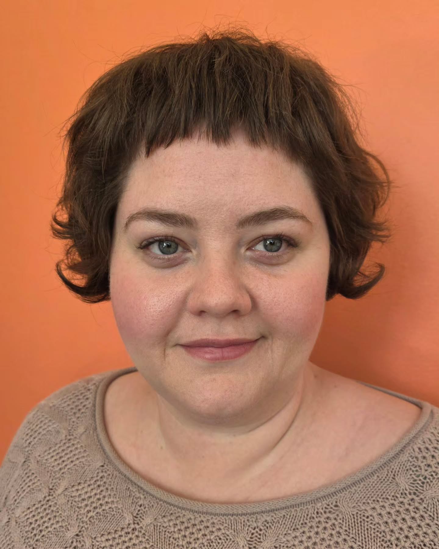 Soft Chestnut Curls with Fringed Bangs