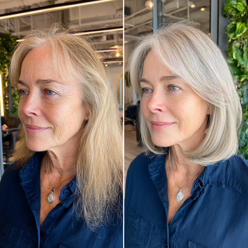 soft silver rounded long bob root shadow face framing