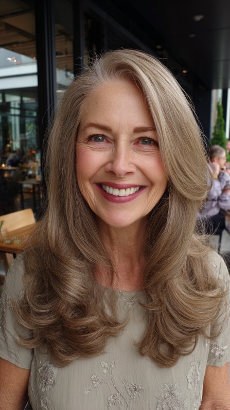 soft swept silver bronde long layers deep side swoop