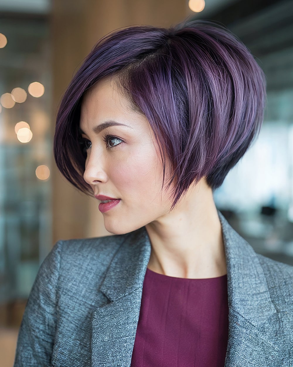 Twilight purple pixie bob with tapered nape for older women, layered for sleek volume and modern shape