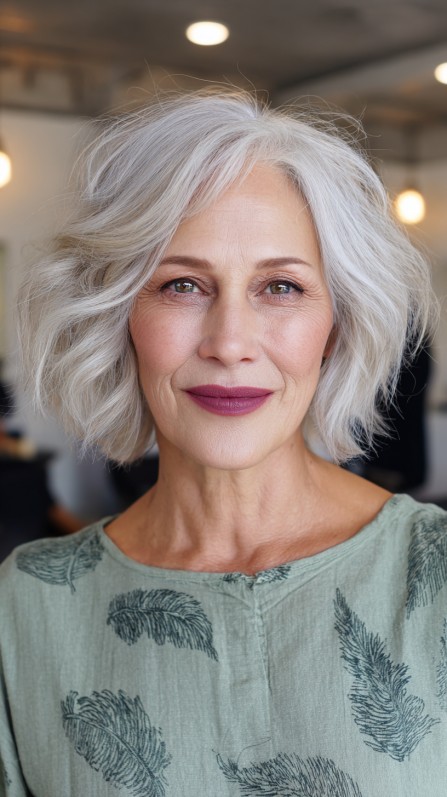 textured silver bob with soft waves