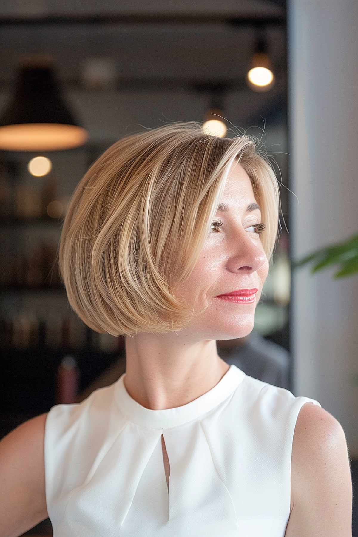 The Chin-Length French Bob hairstyle with blunt ends and natural blonde highlights.