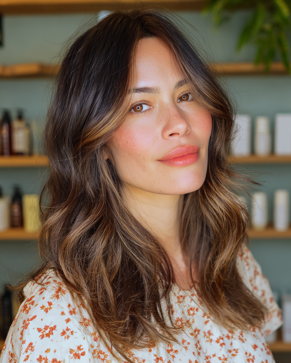 warm chocolate layered waves with sun kissed highlights